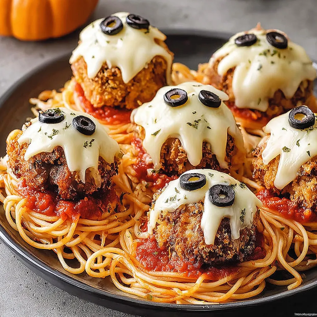 Halloween table setting with spooky spaghetti and monster meatballs ready to serve
