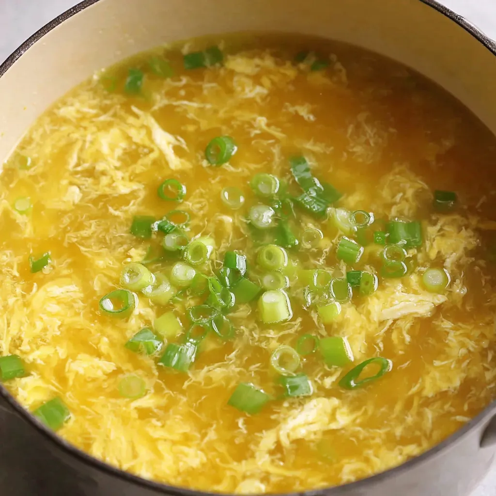Ladle pouring silky egg ribbons into hot broth