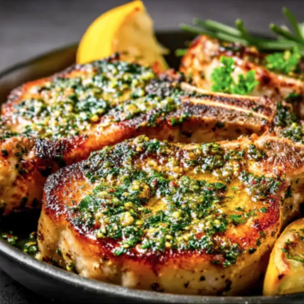 Plated Sicilian pork chops with lemon wedges and parsley on a rustic board