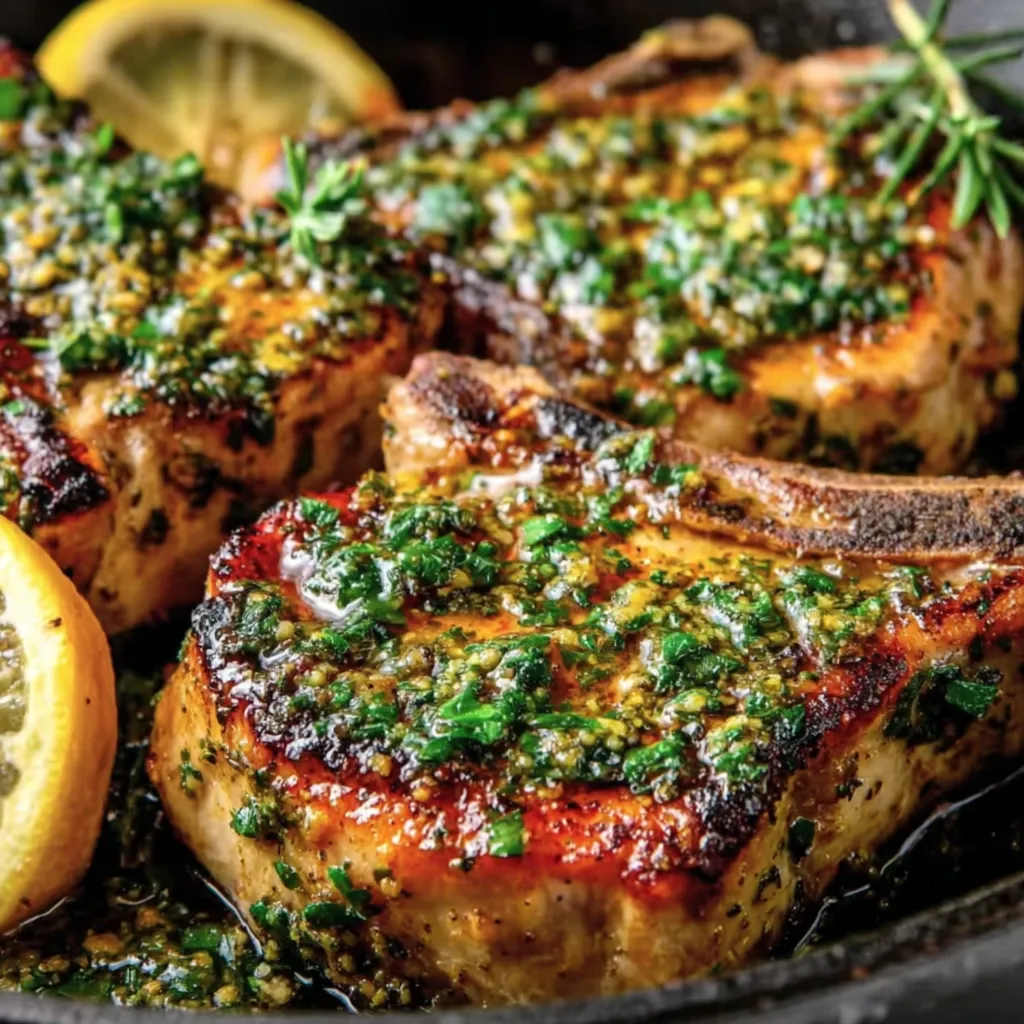Close up of herb crust on seared pork chops showing juicy interior