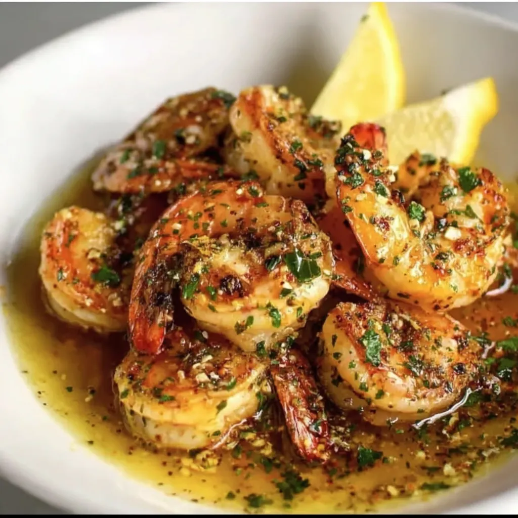 Closeup of garlic butter shrimp in lemon sauce