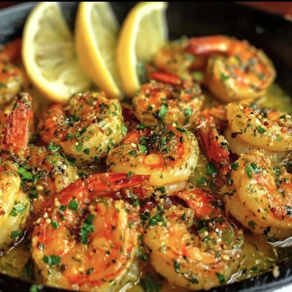Garlic butter shrimp plated with lemon wedges and parsley