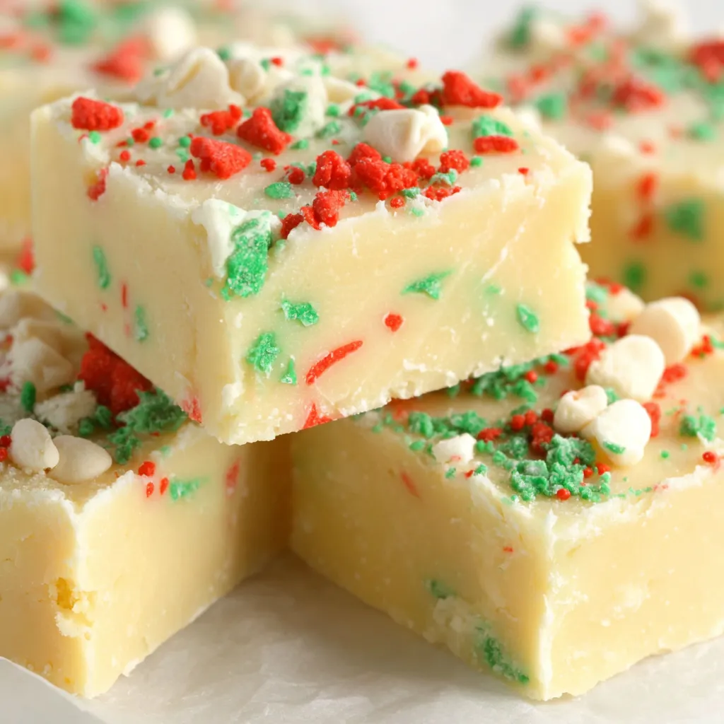 Squares of Christmas sugar cookie fudge on a board with festive sprinkles