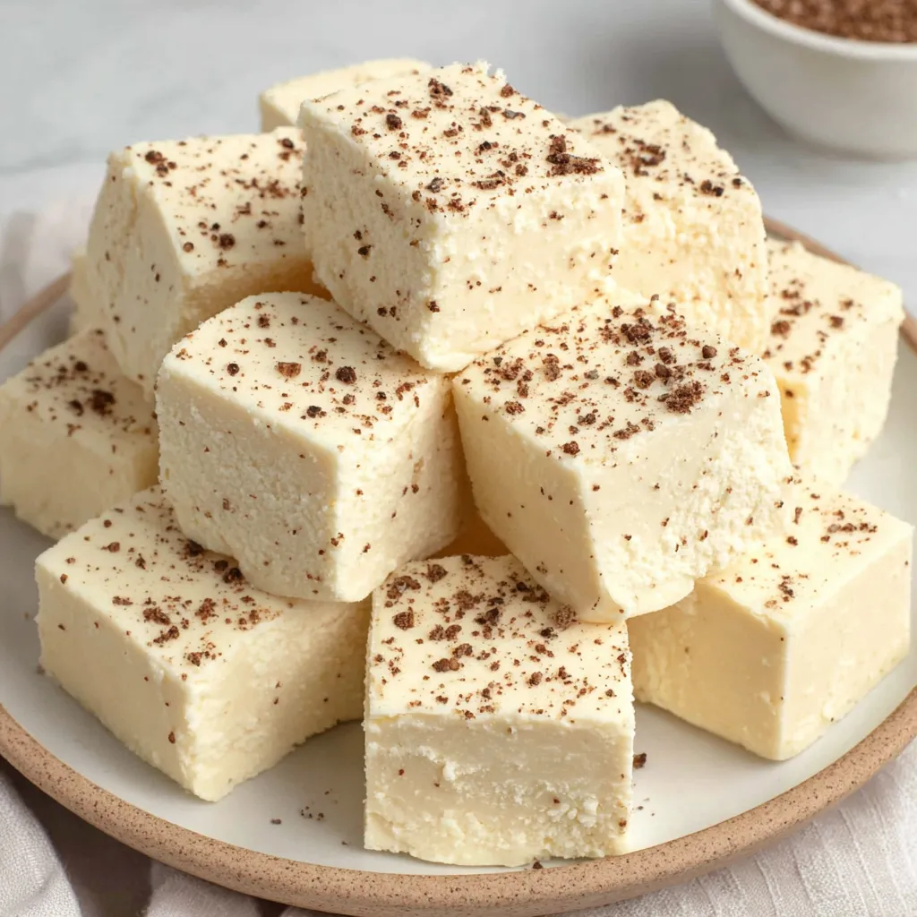 Sliced eggnog fudge squares with nutmeg sprinkled on top