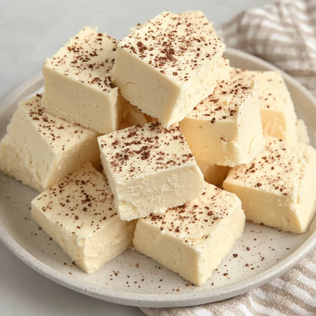 Close-up of creamy eggnog fudge texture in an 8x8 pan