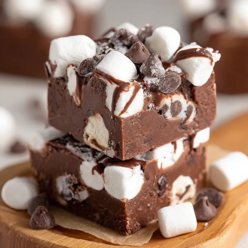 Close-up of marshmallow-topped fudge with drizzle