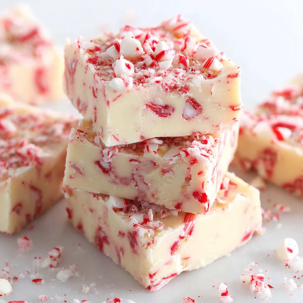Pan of creamy candy cane fudge topped with crushed peppermint