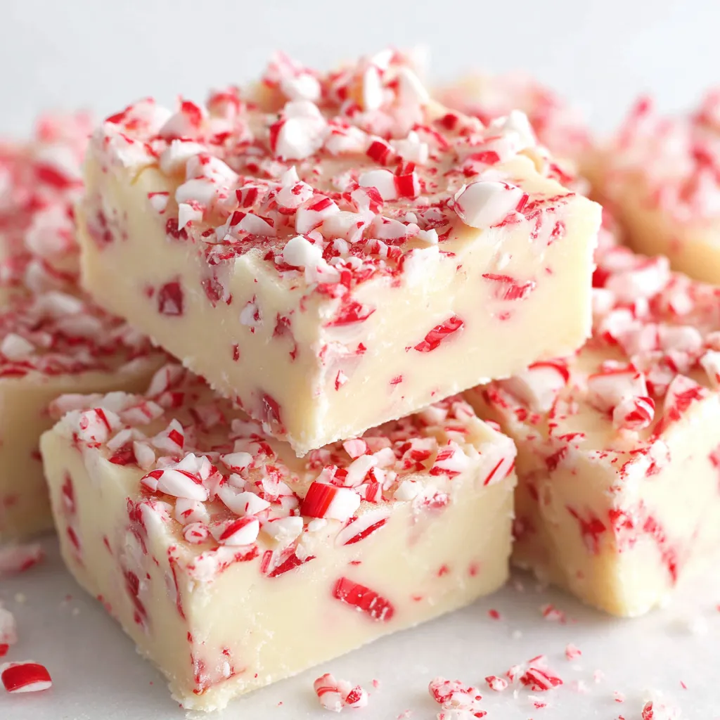 Close-up of peppermint-studded fudge squares on a tray