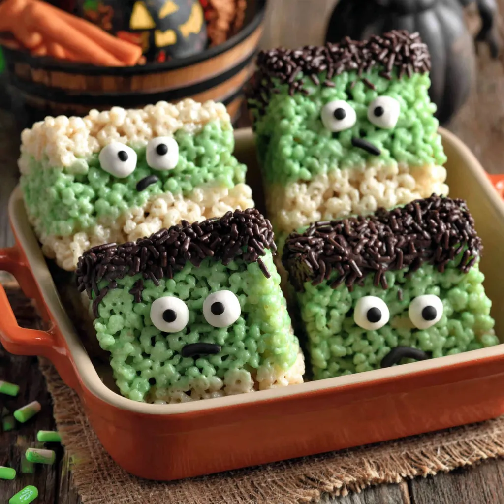 Finished Frankenstein Rice Krispie treats on a tray
