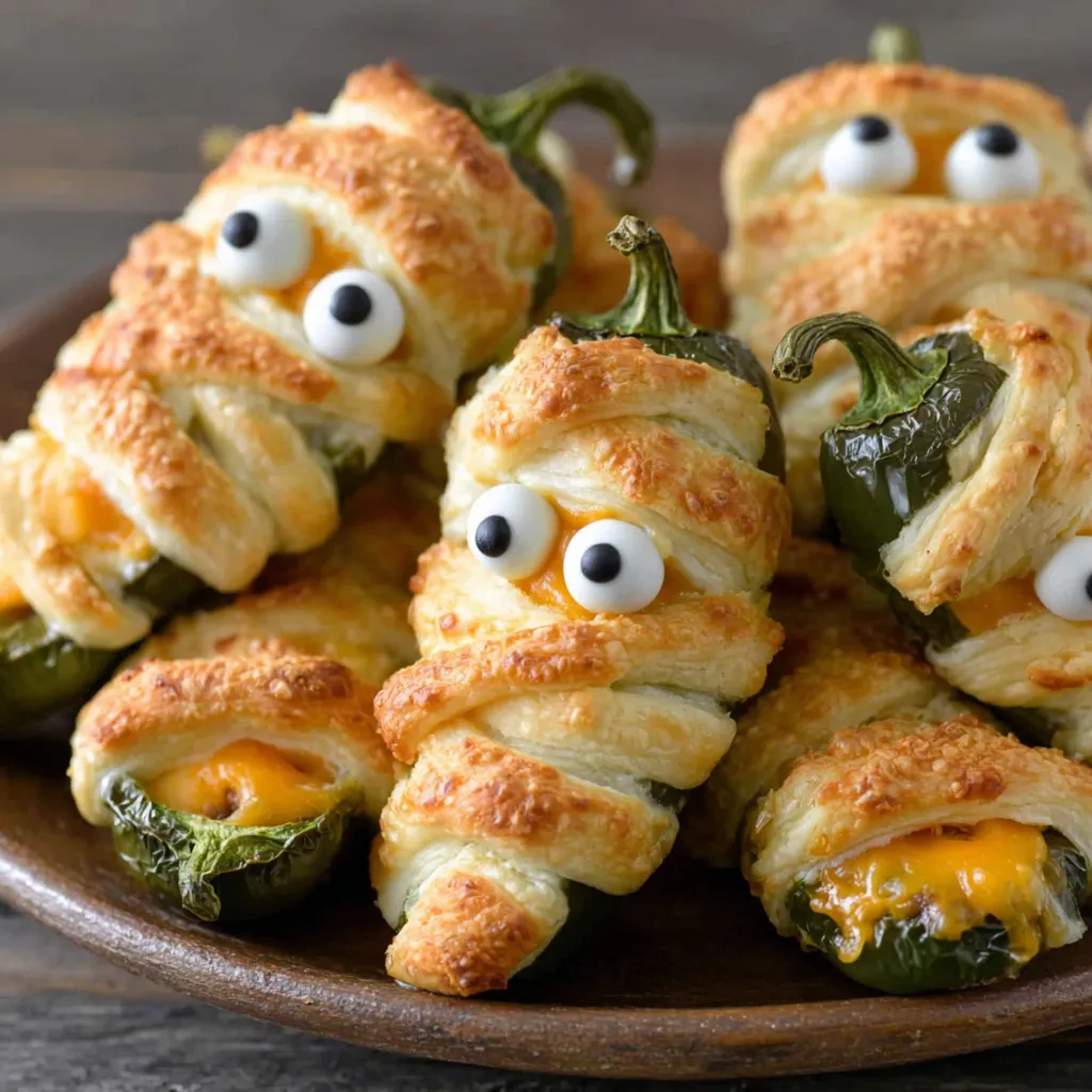 Baked mummy jalapeno poppers on a parchment-lined baking sheet