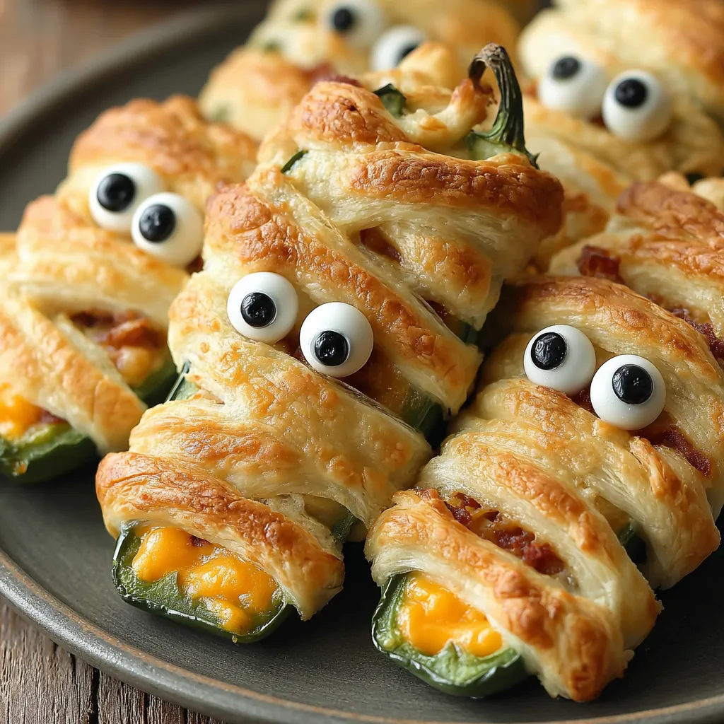 Close-up of a mummy jalapeno popper with candy eyes