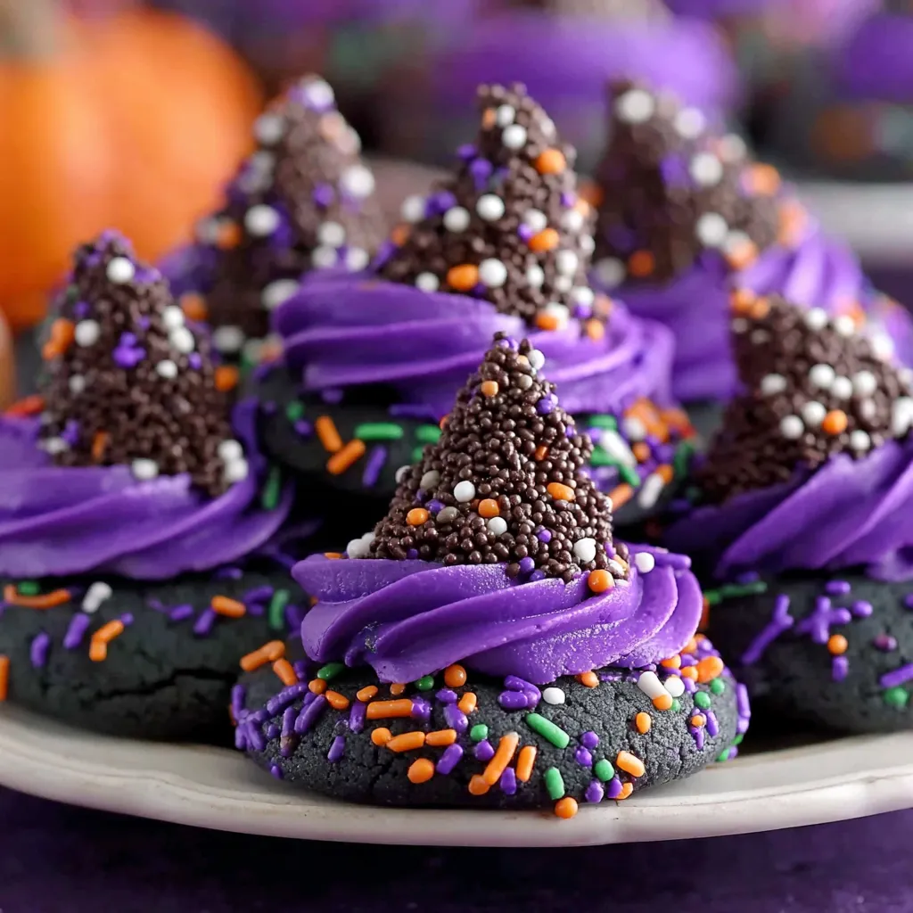 Purple witch hat cookies on a tray