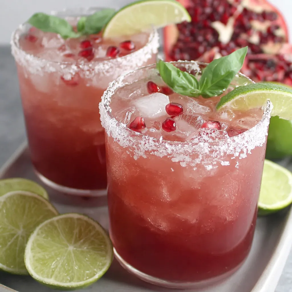 Glasses of pomegranate limeade mocktail with basil