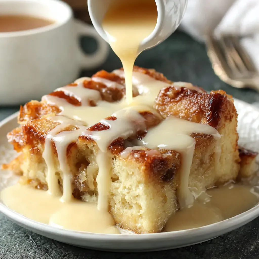 Golden baked bread pudding in a casserole dish