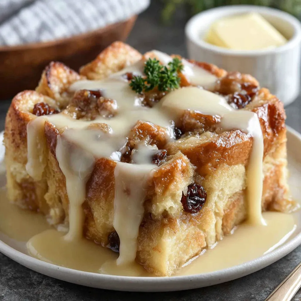 Close up of scoopable bread pudding with raisins