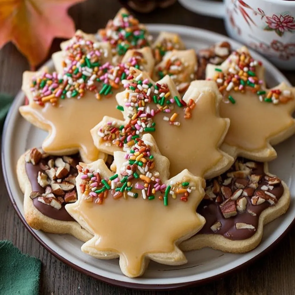 Close-up of glazed maple shortbread cookie with pecans