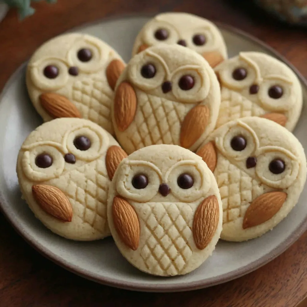 Owl Cookies with Almond Beaks and M&M Eyes