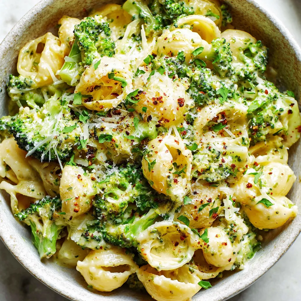 A pot of creamy broccoli mac and cheese with bright green florets