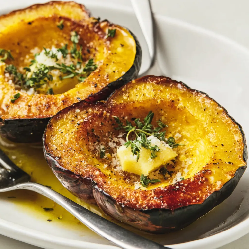 Halved roasted acorn squash on parchment