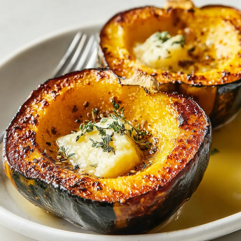 Roasted acorn squash plated with herbs