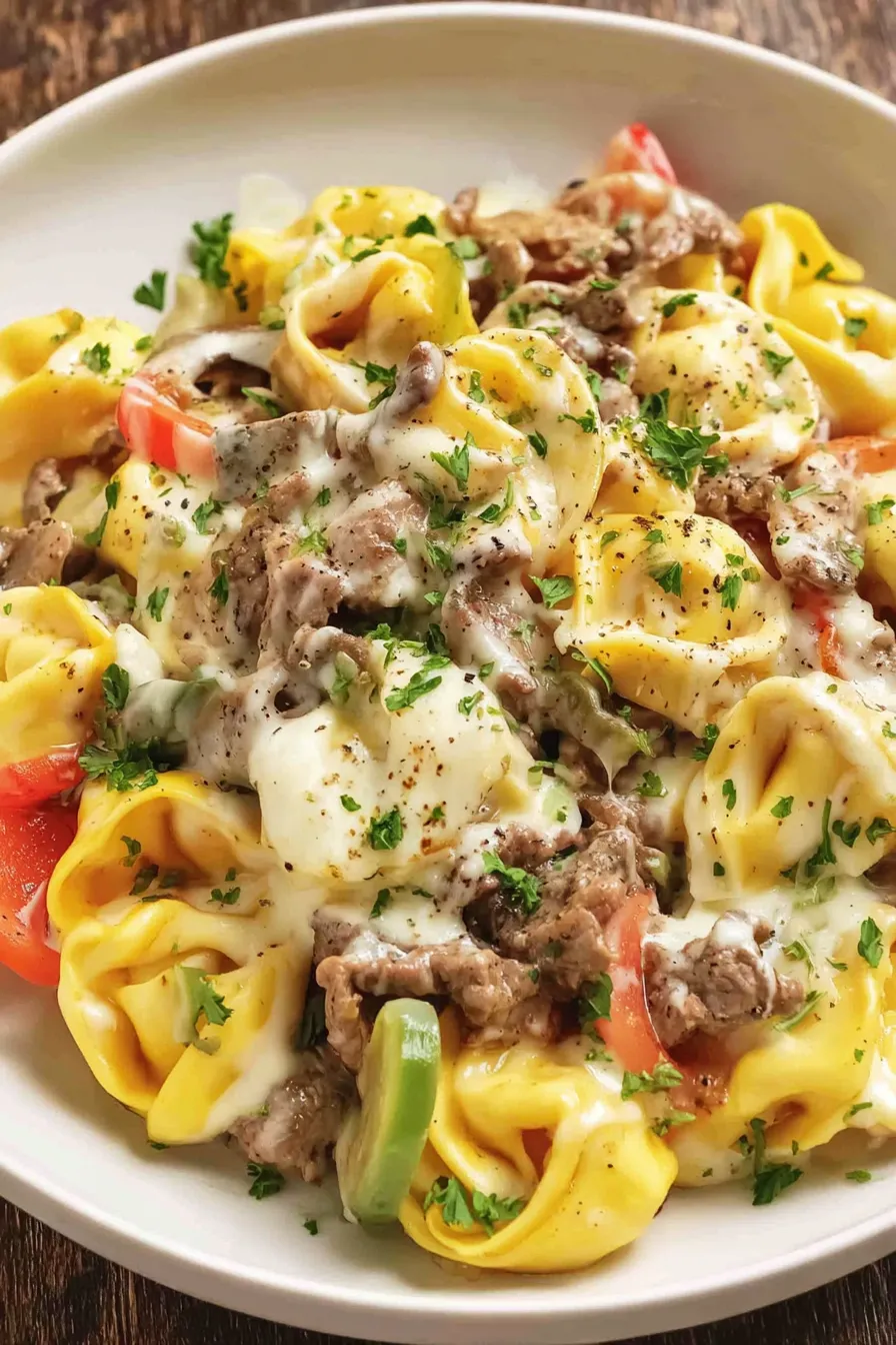 Crock Pot Cheesesteak Tortellini in slow cooker