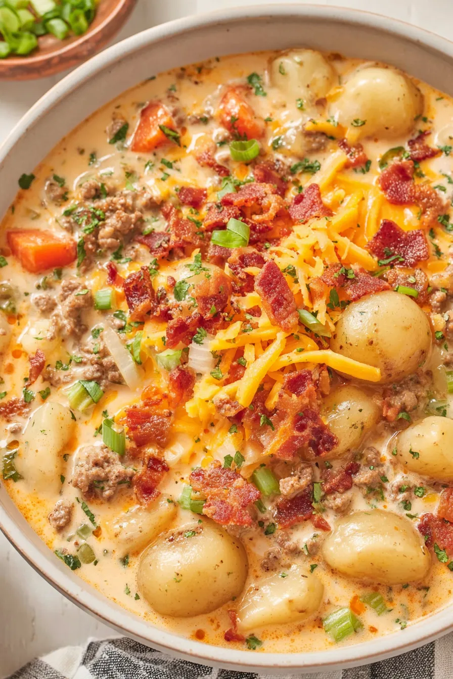 Pot of creamy cheeseburger soup with potatoes