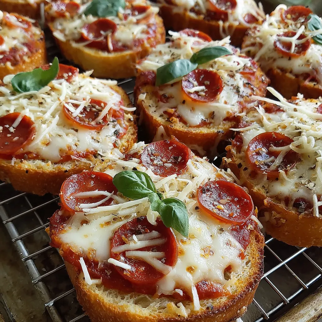 Mini garlic toast pizzas on a baking sheet with bubbling cheese