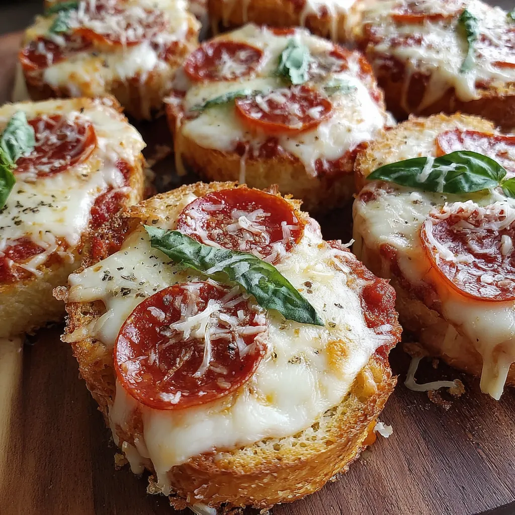 Close-up of a mini garlic toast pizza with basil garnish