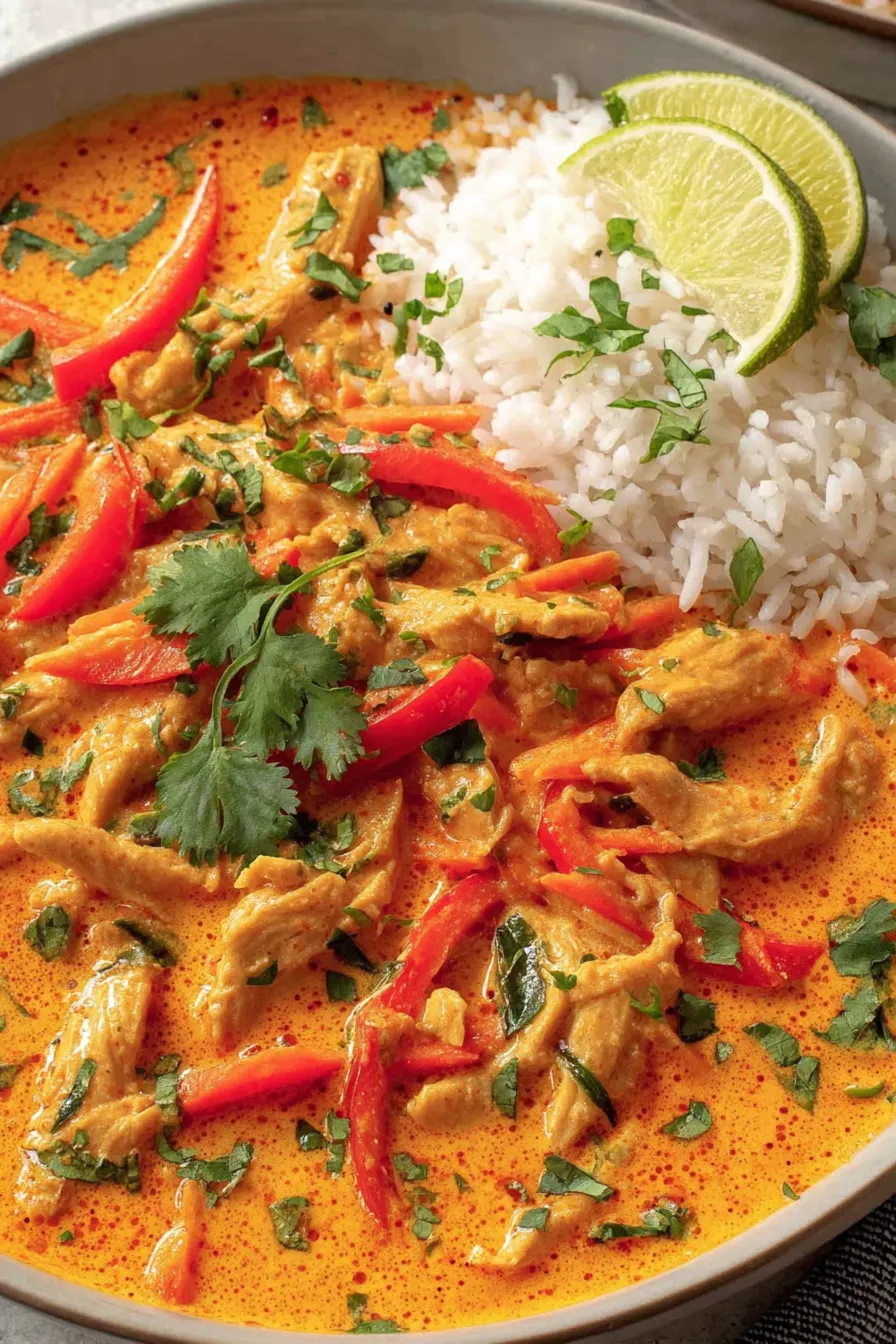 Skillet with Thai red curry chicken and vegetables