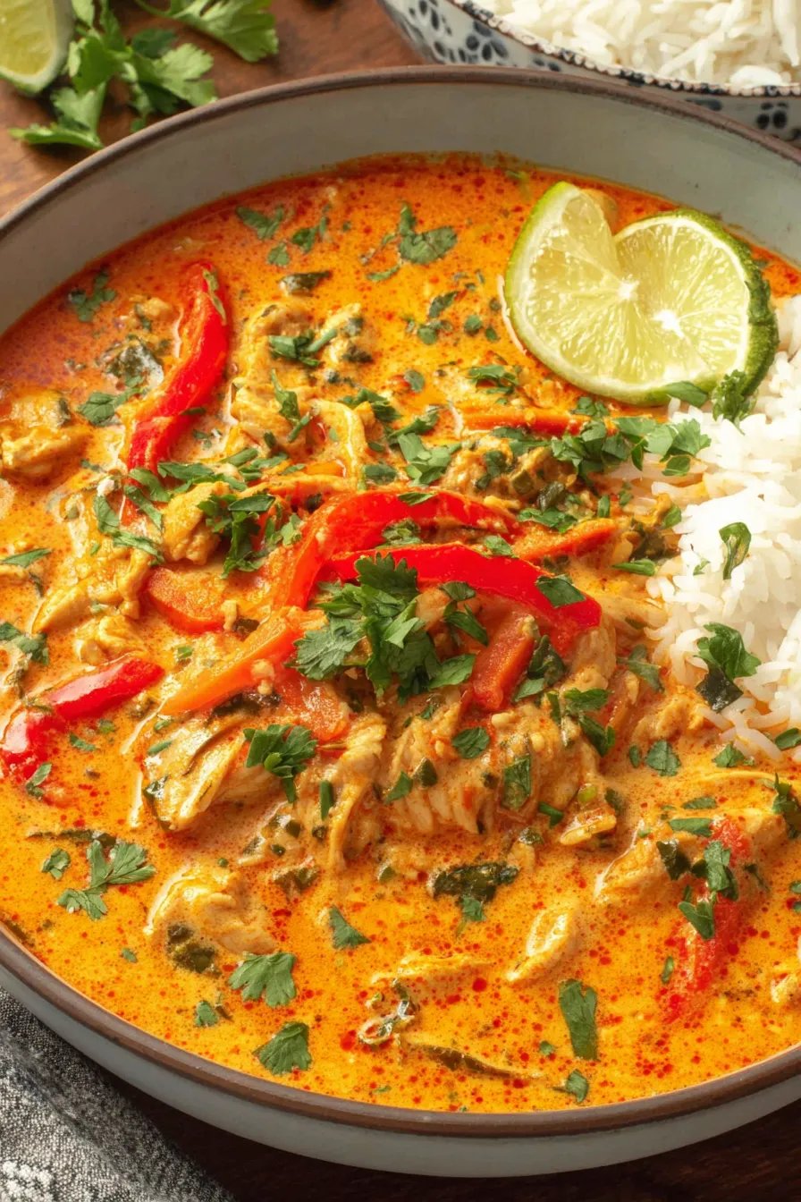 Bowl of Thai red curry chicken garnished with cilantro