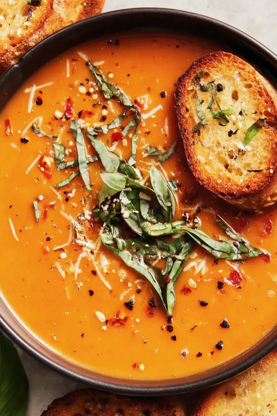 Creamy tomato soup in a bowl with basil