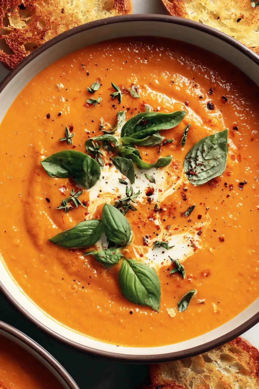 Spoon lifting creamy tomato soup with basil garnish