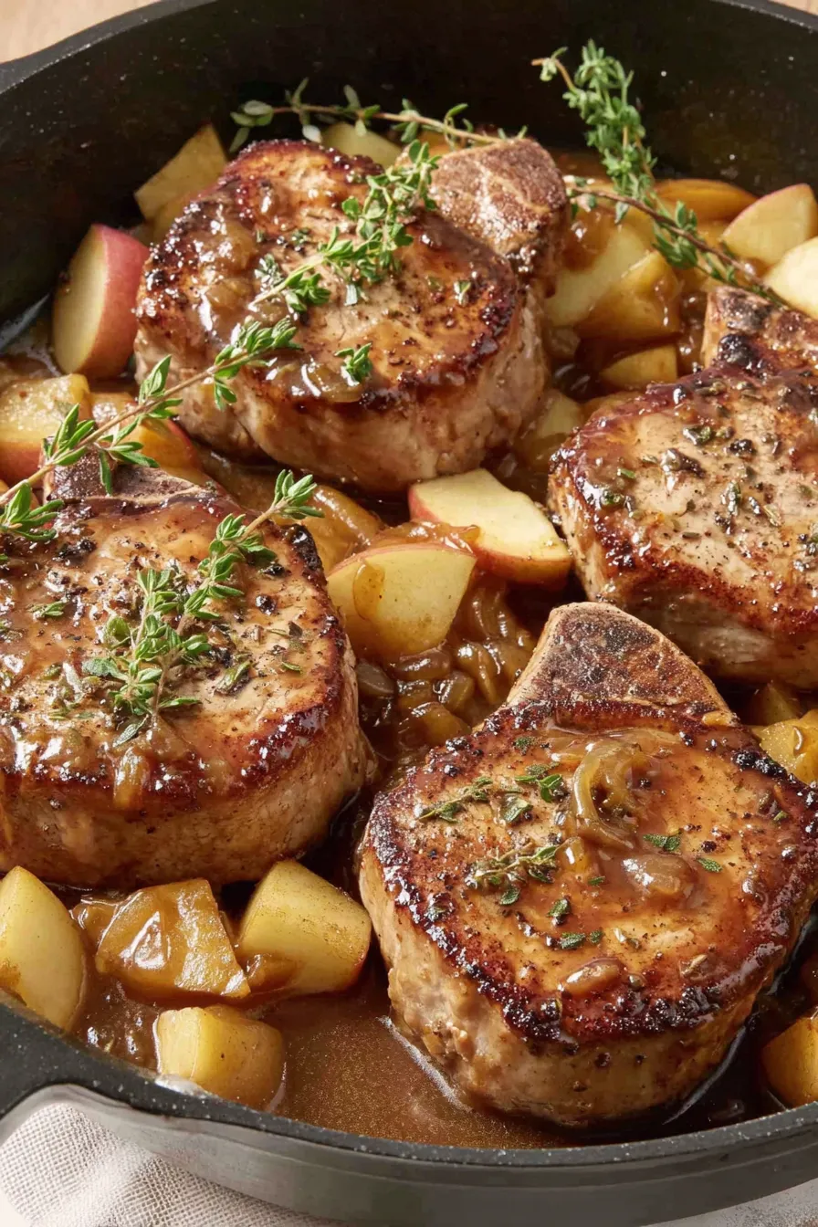Seared pork chops with apple butter glaze in a skillet
