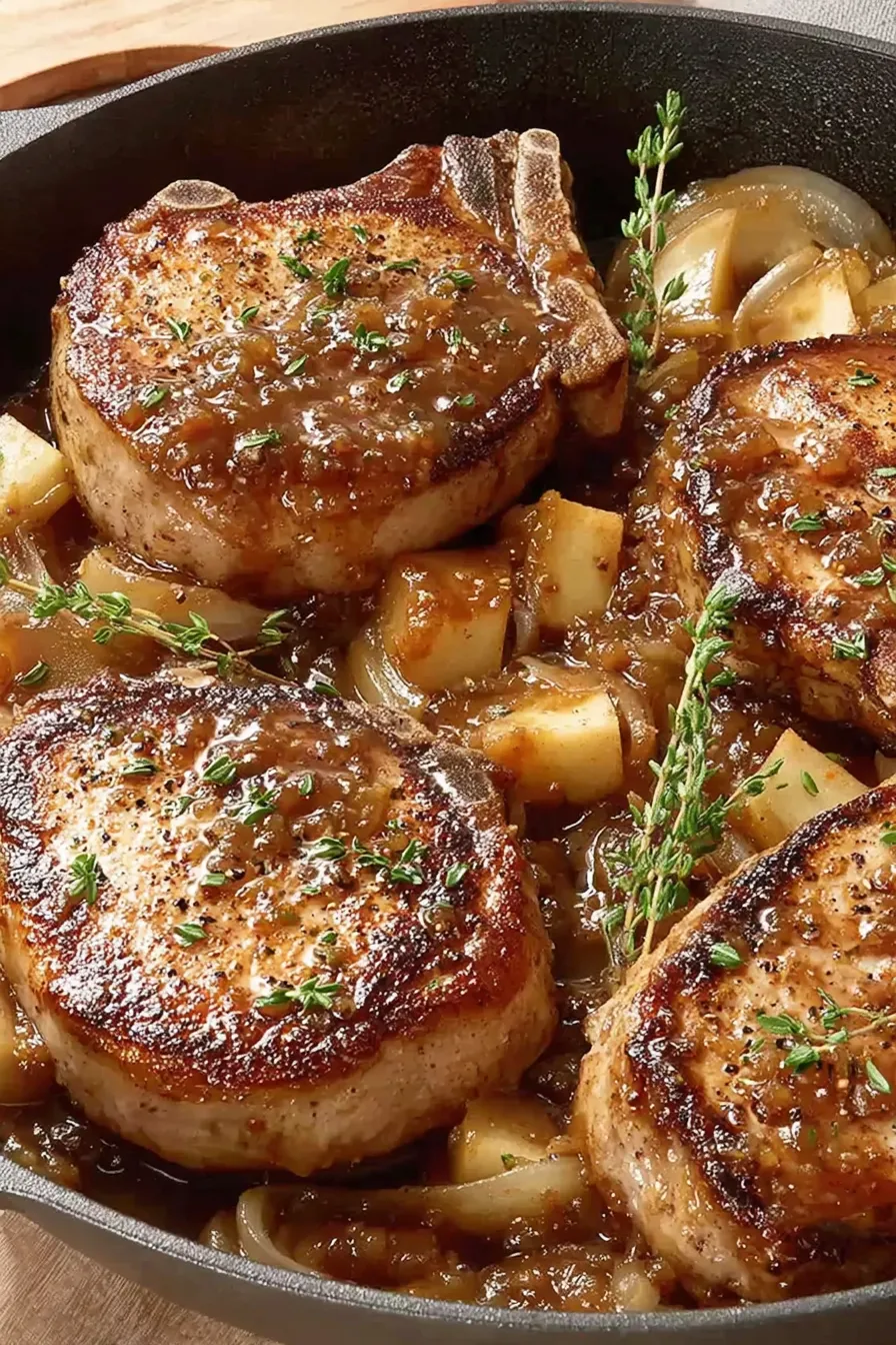 Apple slices and caramelized onions beside glazed pork chops