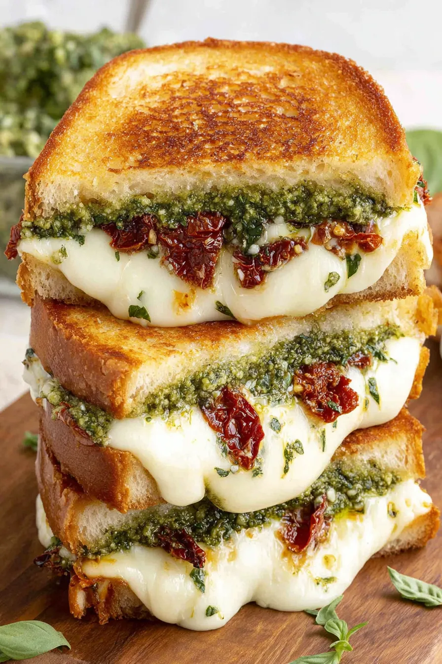 Sourdough pesto grilled cheese with sun-dried tomatoes