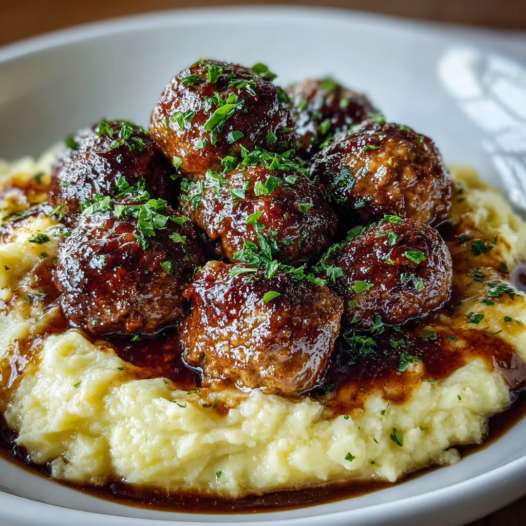 Salisbury Steak Meatballs With Garlic Herb Mashed Potatoes