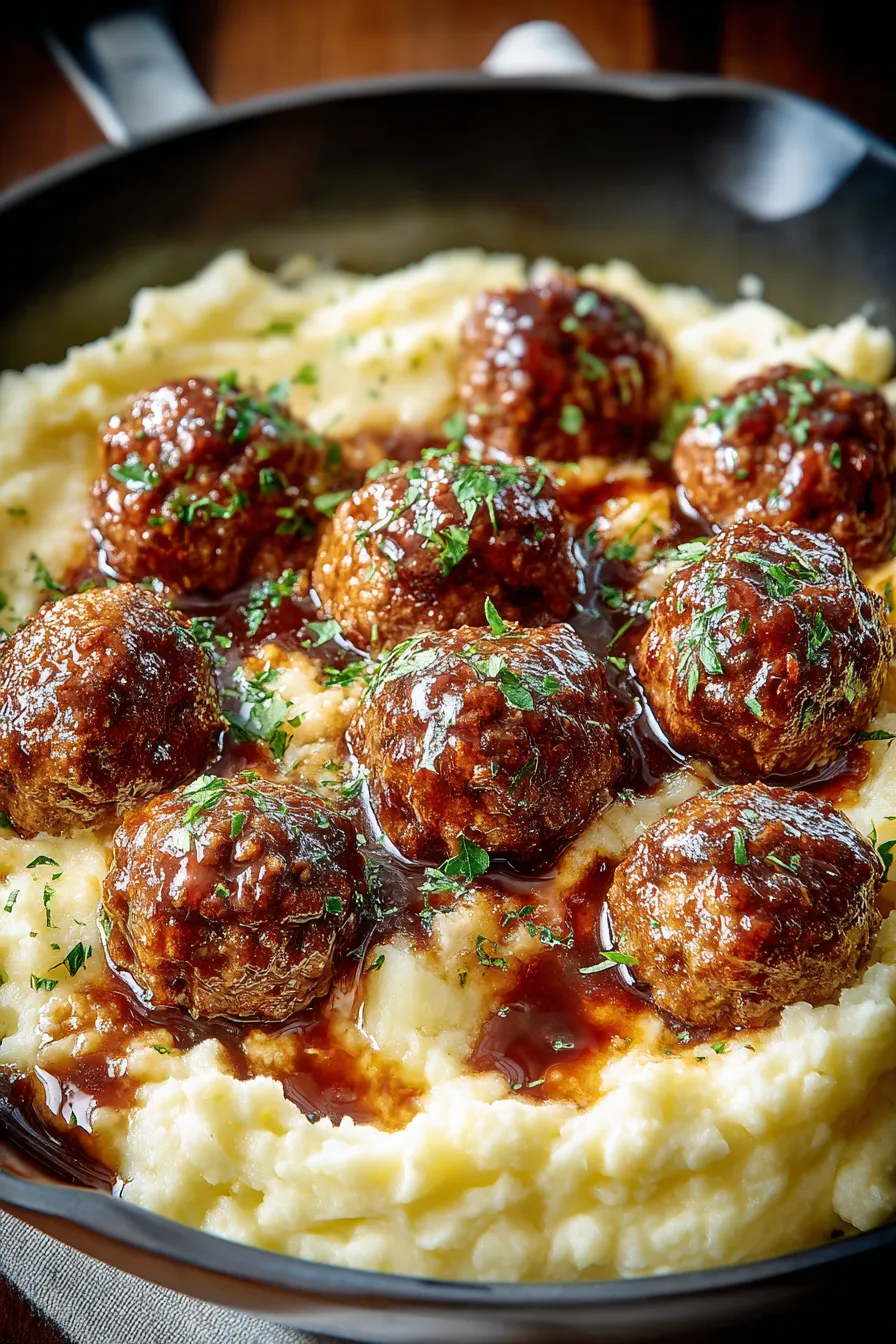 Salisbury steak meatballs simmering in brown gravy over mashed potatoes