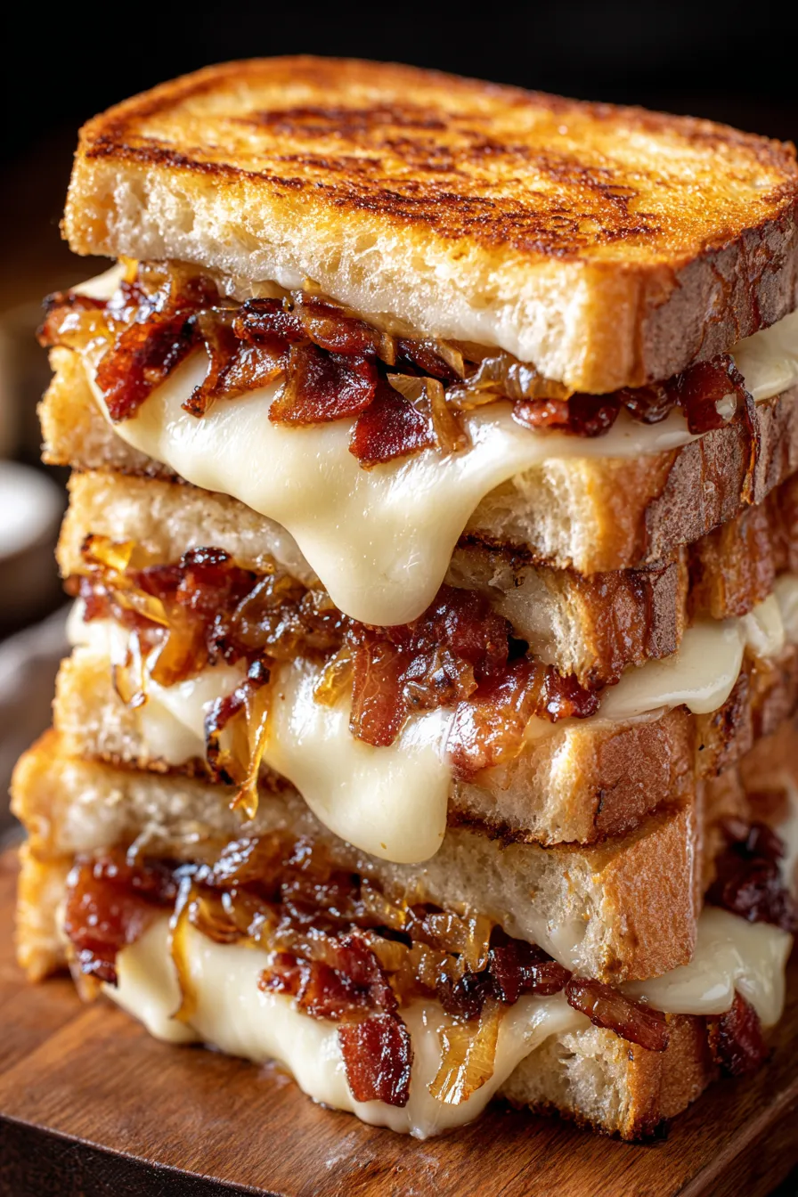 crispy bacon and caramelized onion grilled cheese close-up