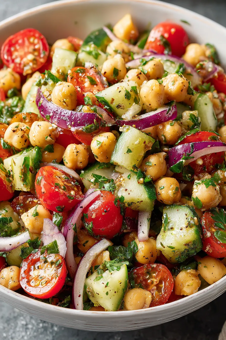 Close up of a forkful of salad showing chickpea and tomato