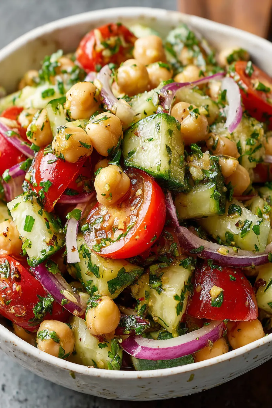 A bowl of chickpea cucumber tomato salad on a wooden table