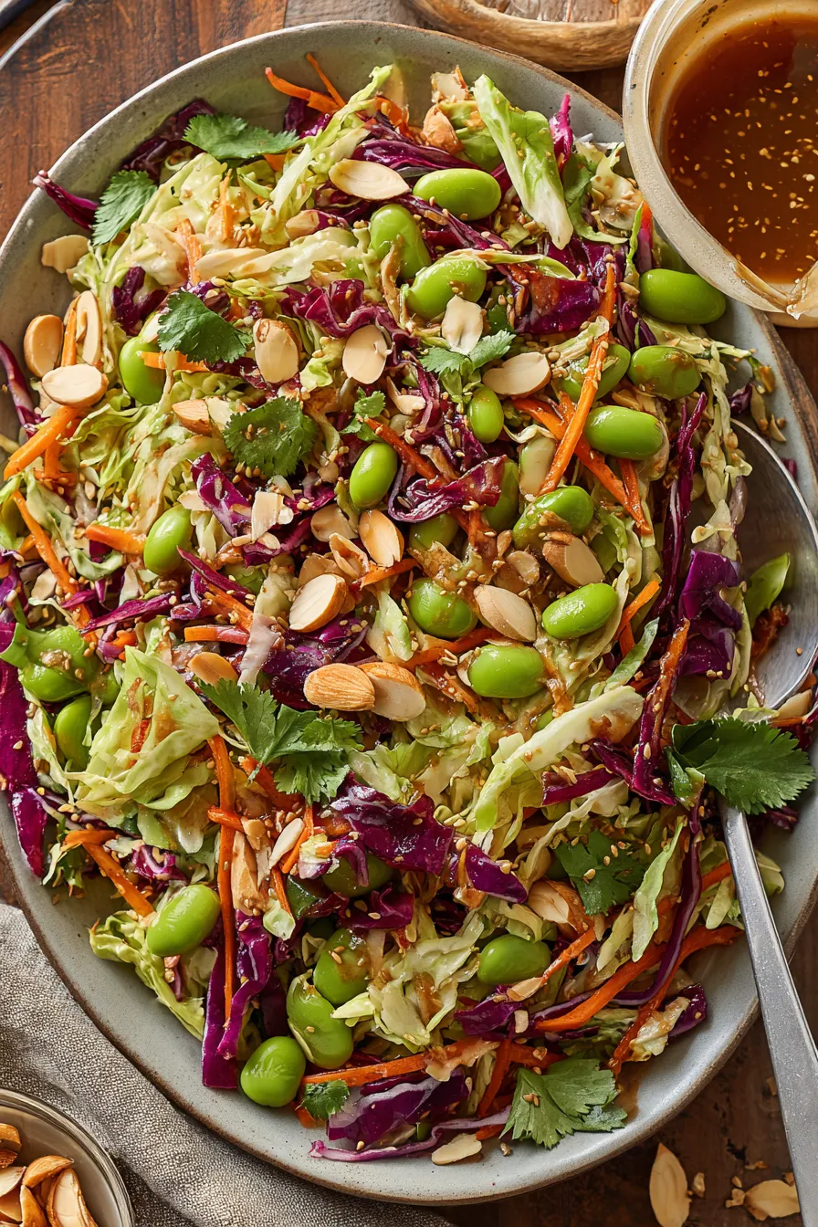Crunchy cabbage and edamame salad in a bowl