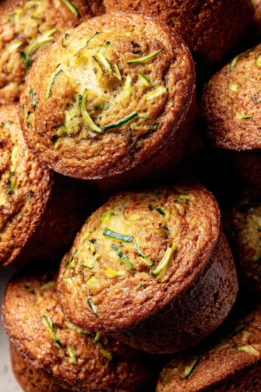 Sliced muffin showing moist interior and specks of zucchini