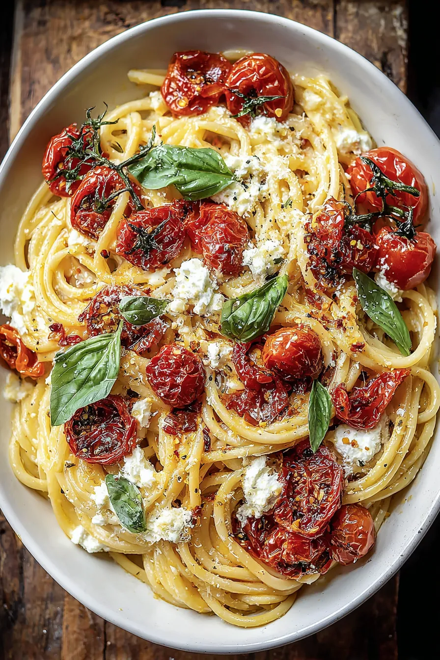 Roasted cherry tomatoes and garlic on a baking sheet