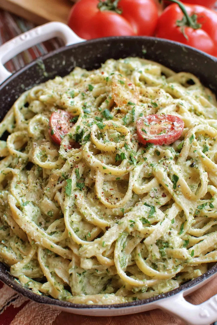 Creamy pesto pasta in a bowl topped with grated cheese