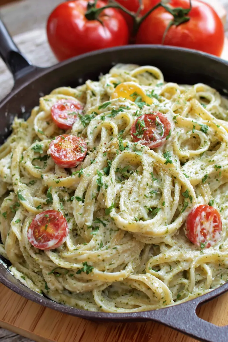 Close-up of pesto sauce being mixed into a creamy white sauce