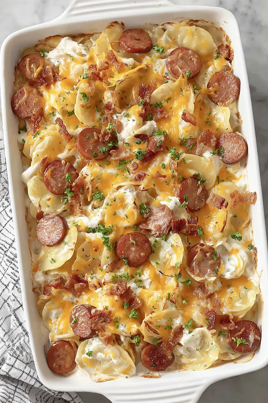 Bubbly pierogi casserole with sausage in a casserole dish