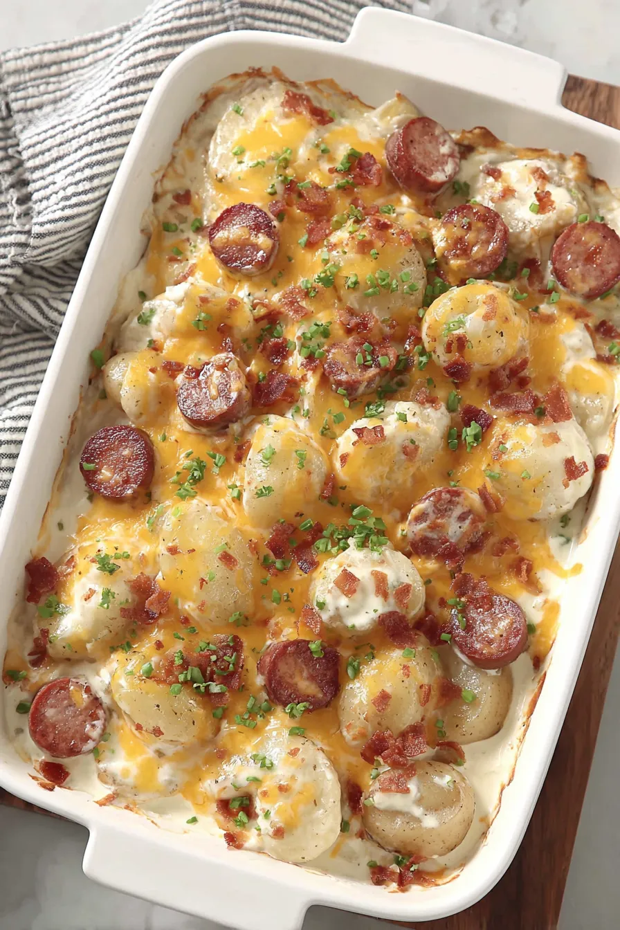 Close-up of cheesy pierogi casserole with browned kielbasa