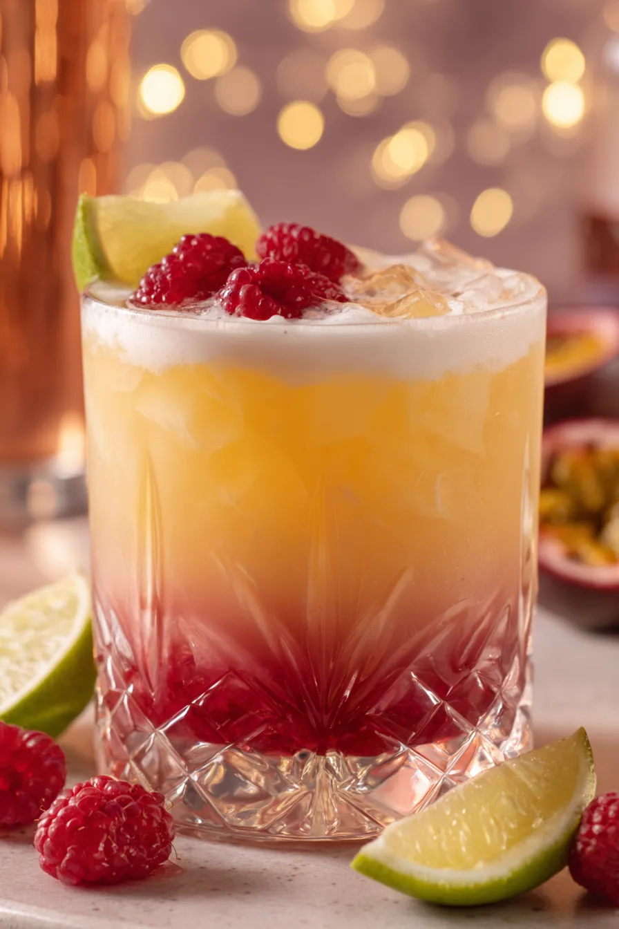 Raspberry Passionfruit Tequila Sour in coupe glass with raspberries