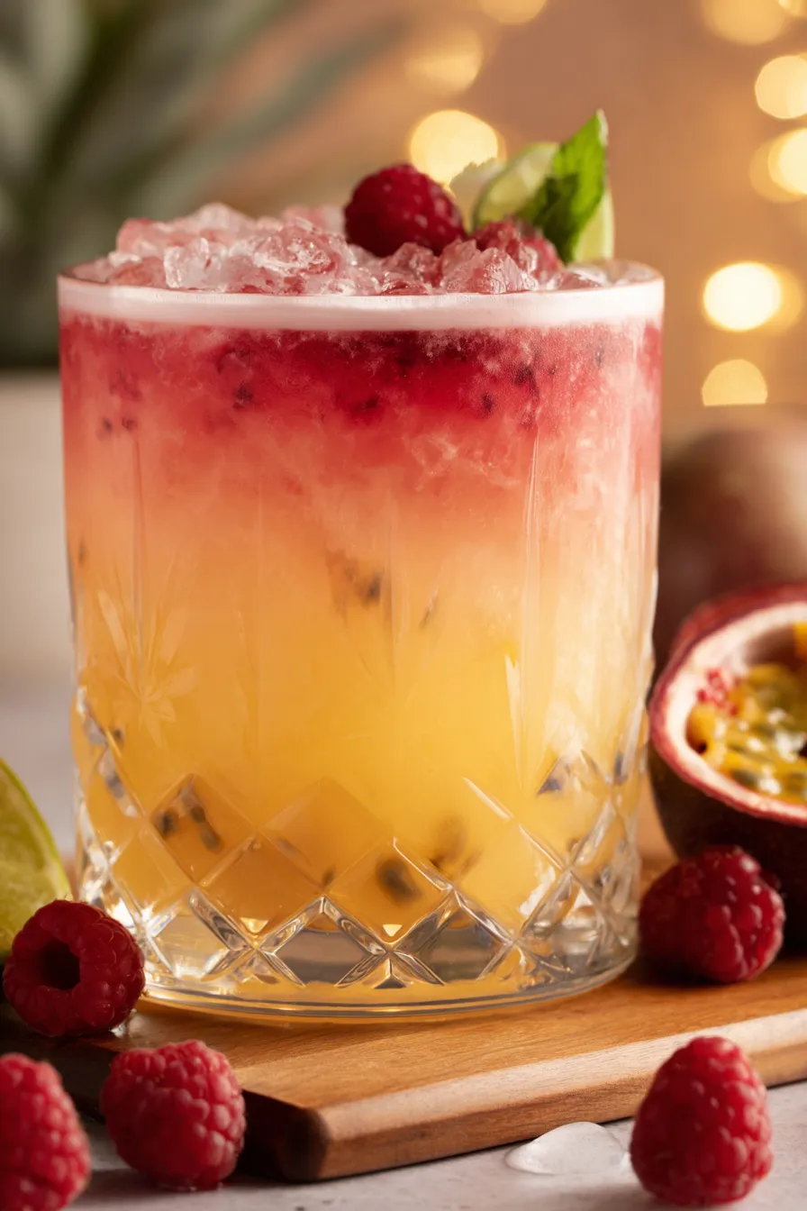 Close up of frothy tequila sour foam and raspberries