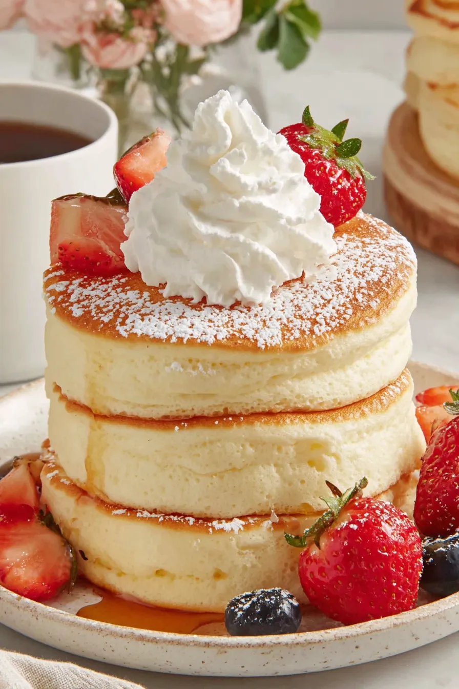 Tall Japanese souffle pancakes stacked with whipped cream and berries